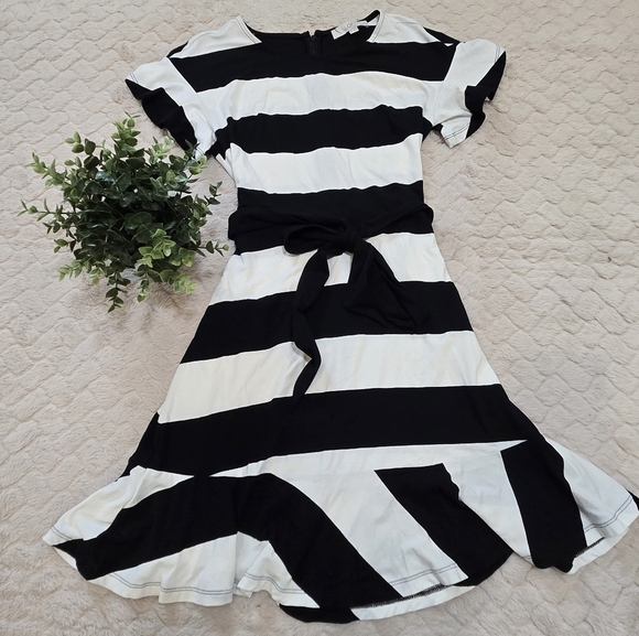 LOFT Black & White Striped Flutter Sleeve Belted Ruffle Dress, Size 6 Petites - Picture 2 of 9